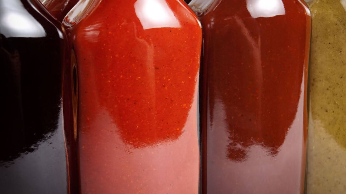 Close up of four premium fermented hot sauces.