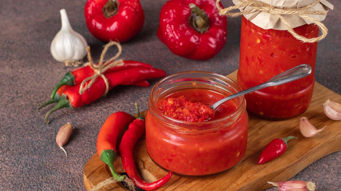 Shows ingredients laid out for someone cooking with fermented hot sauce