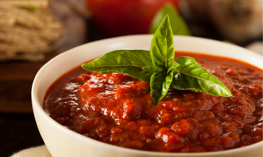 Close-up of a bowl of gourmet hot sauce.