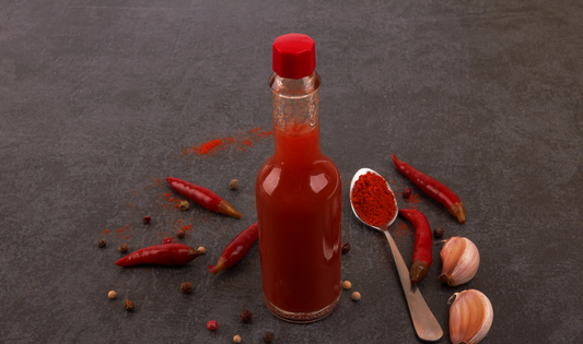 Close-up of a bottle of artisanal hot sauce.