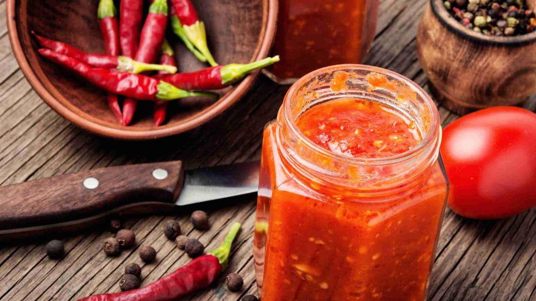 Shows a jar of healthy spicy condiment arranged next to a bowl of spicy hot peppers and a whole tomato.